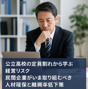 Read more about the article 公立高校の定員割れから学ぶ経営リスク｜民間企業がいま取り組むべき人材確保と離職率低下策【中長期経営計画実行支援/経営計画書/離職率低下/AIによる業務改善/リーダー育成/人材確保】